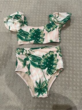 Toddler Tropical Leaf High-Waist Bikini Set - Pink & Green 3T